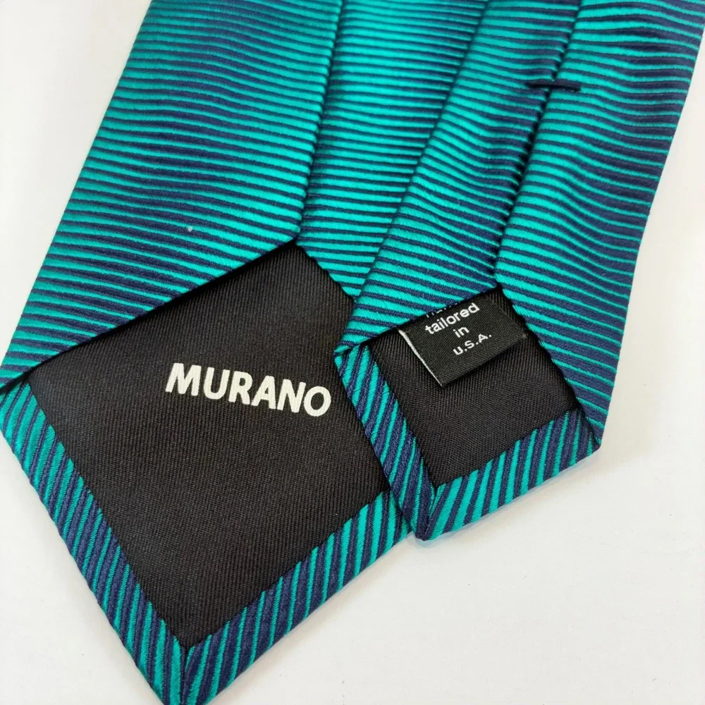 Murano Mens Silk Tie Emerald Green Navy Blue Striped Ribbed Texture USA Made